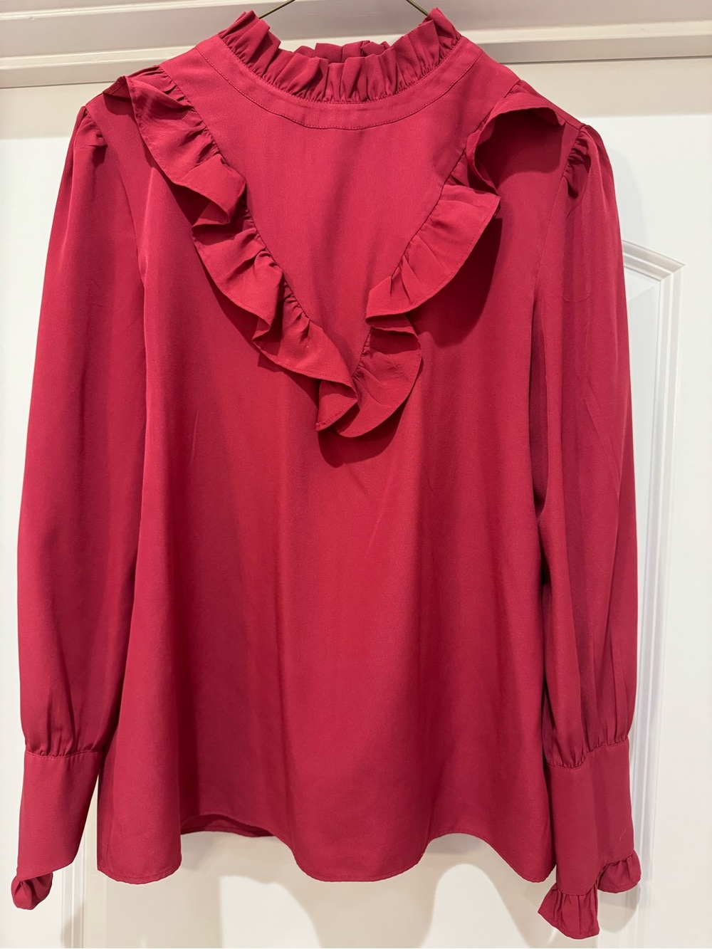 Ann Taylor Ruffle-Trim Long Sleeve Blouse - Deep Pink